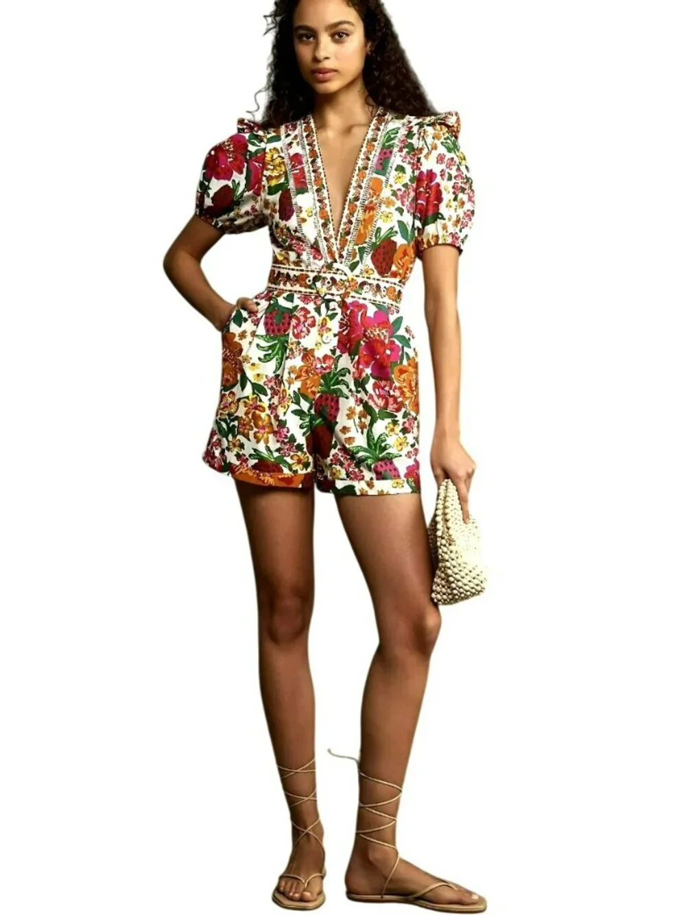 Anthropologie Farm Rio Flowerful Printed Romper Shorts Belt Small New - Picture 3 of 9